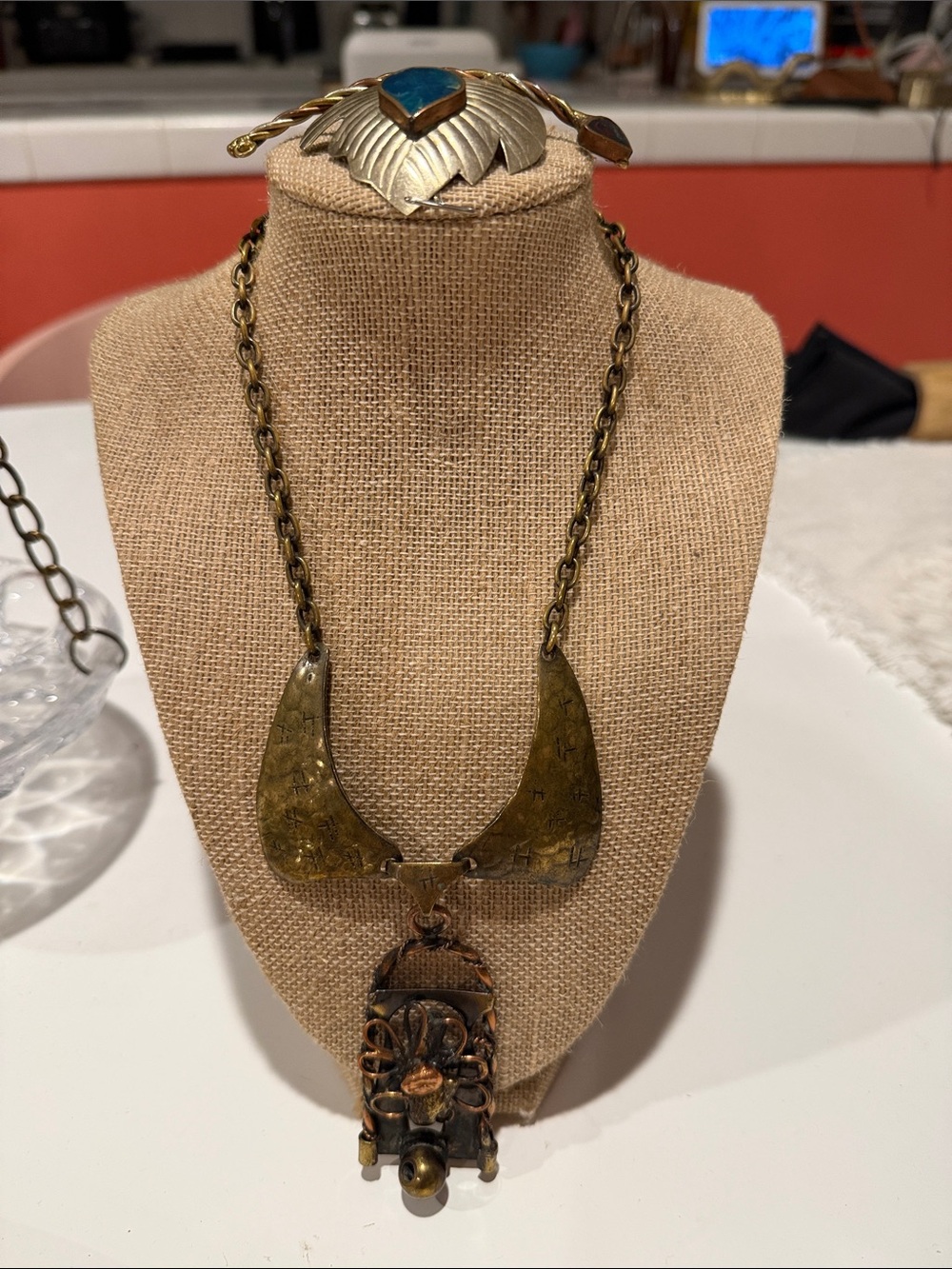 Vintage Antique Brass and copper Pendant Necklace & Blue Accent ankle bracelet
